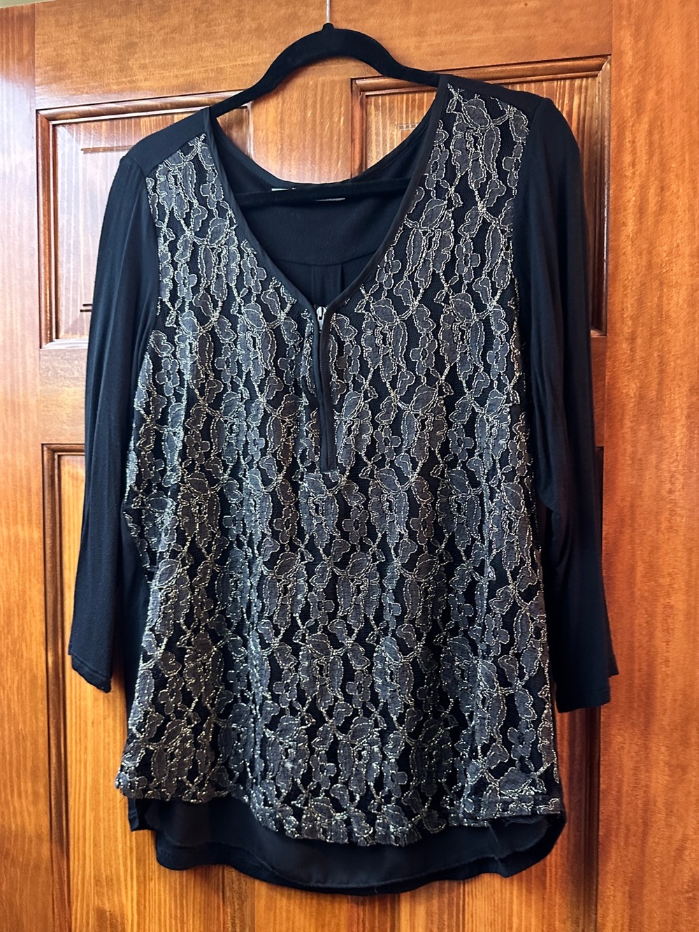 Maurices Black 3/4 Sleeve Top with Gold Lace Overlay